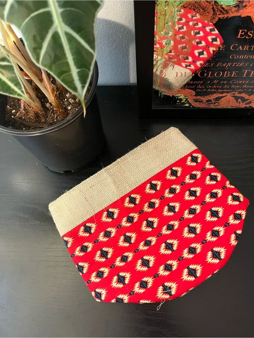 Handcrafted Red Geometric Woven Planter Bag - Home Accents